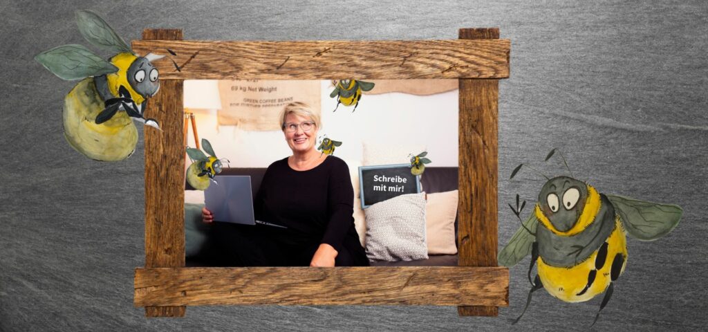 Tanja auf dem Sofa von Hummeln umgeben. 